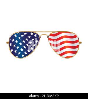 Cool oro cornice Aviator Occhiali da sole con bandiera USA in lenti vettoriali isolate su sfondo bianco Illustrazione Vettoriale