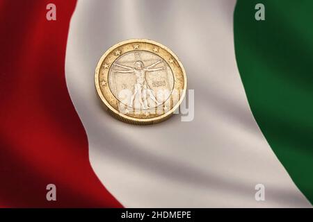 moneta euro, bandiera italiana, monete, bandiere italiane Foto Stock