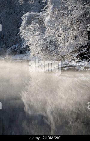 Una bella scena mattutina invernale lungo il fiume Thornton nella contea di Rappahannock, Virginia. Foto Stock