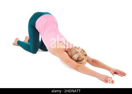 yoga, stretching, esercizi alla schiena, yoga, stretching, ginnastica posteriore, esercizio fisico, pilates Foto Stock