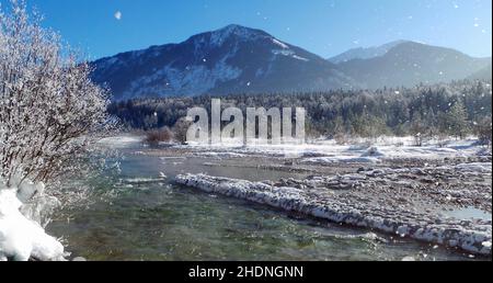 paesaggio invernale, fondo del fiume, rißbach, paesaggio, paesaggi, paesaggi invernali, fiumi, rißbachs Foto Stock