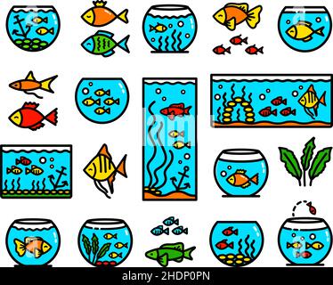Acquario serbatoi semplici icone di colore set, diversi tipi di acquari con piante e pesci. Illustrazioni vettoriali piatte isolate su sfondo bianco. Illustrazione Vettoriale