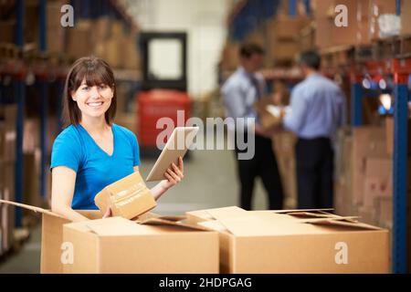 logistica, disimballaggio, addetto al magazzino, società di ordini postali, logistica, addetti al commercio e al magazzino Foto Stock