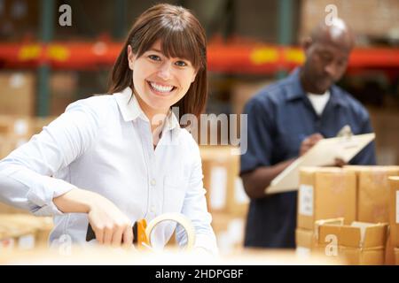 logistica, imballaggio, addetto al magazzino, società di ordini postali, logistica, addetti al commercio e al magazzino Foto Stock