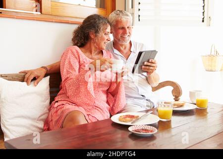 colazione, mattina, coppia, tablet-pc, colazioni, coppie, ipad, tablet pc Foto Stock