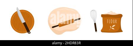 Pasta arrotolata e laminello. Utensili da cucina. Preparazione pizza o pasta fatta in casa. Vista dall'alto. Rimani a casa e cuoci cibi sani secondo la ricetta. Vettore Illustrazione Vettoriale