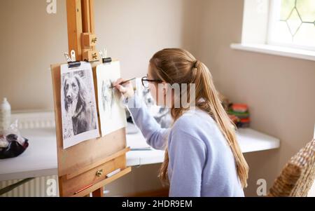 ragazza, disegno, cavalletto, ragazze, cavalletti Foto Stock