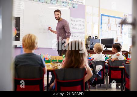 scuola, insegnante, apprendimento della scrittura, scuole, presentatore scolastico, insegnanti Foto Stock