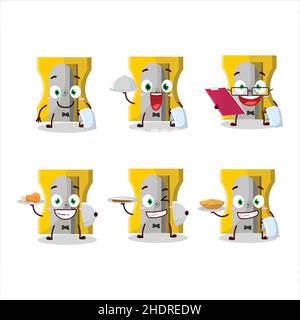 felice matita giallo affilatore cameriere personaggio cartoon tenendo un piatto. Illustrazione vettoriale Illustrazione Vettoriale