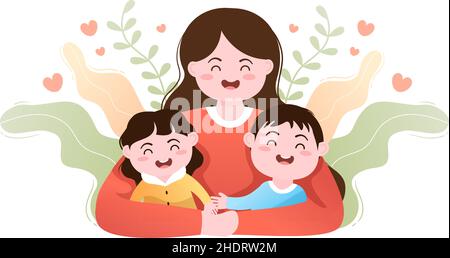 Parenting di Madre, Padre e Bambini abbracciarsi l'un l'altro nella famiglia amorevole. Carino Cartoon sfondo Vector Illustrazione per Banner o Psicologia Illustrazione Vettoriale