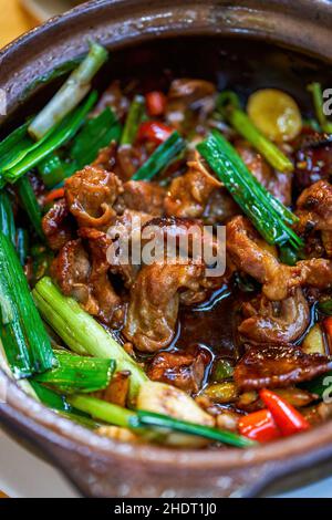 Una pentola di deliziosa autentica cucina cantonese tradizionale, Keijia pot, carne magra di maiale Foto Stock