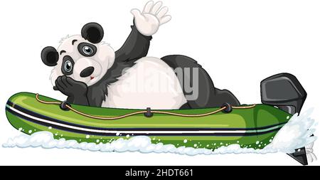 Panda su una barca gonfiabile a motore in stile cartoon illustrazione Illustrazione Vettoriale