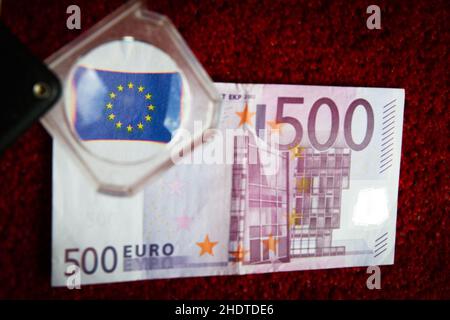 banconota, lente d'ingrandimento, assegno, banconote, valuta cartacea, controlli Foto Stock