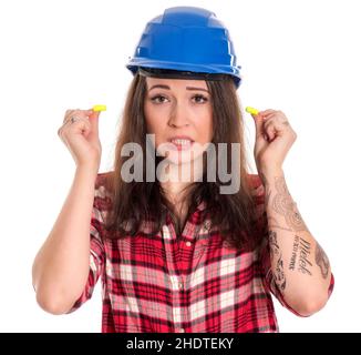 donna, paraorecchie, tappi per orecchie, femmina, signore, signora, donne, cuffie protettive Foto Stock