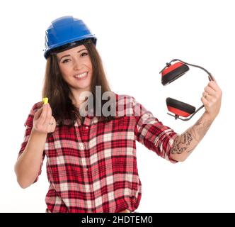 protezione per le orecchie, sicurezza sul lavoro, casco, tappi per le orecchie, protezioni per le orecchie, sicurezza sul lavoro, caschi Foto Stock