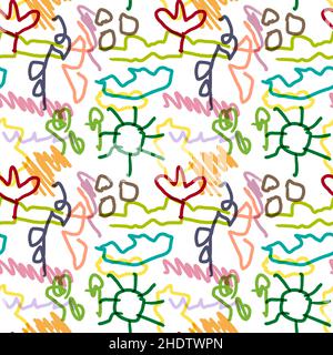 Disegno senza giunture per bambini con oggetti colorati su sfondo bianco Foto Stock