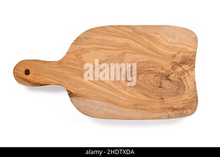 Vista dall'alto del tagliere in legno di ulivo su sfondo bianco Foto Stock