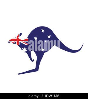 kangaroo australian silhouette vista laterale con logo simbolo della bandiera australiana isolato su sfondo bianco Illustrazione Vettoriale