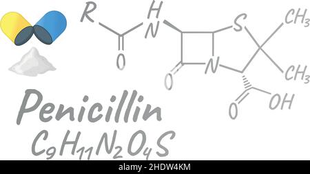 Penicillina antibiotico formula chimica e composizione, concetto di farmaco medico strutturale, isolato su sfondo bianco, illustrazione vettoriale. Antibacter Illustrazione Vettoriale