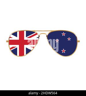 Cool oro cornice Aviator Occhiali da sole con bandiera neozelandese kiwi nz in lenti vettoriali isolate su sfondo bianco Illustrazione Vettoriale
