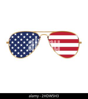 Cool oro cornice Aviator Occhiali da sole con bandiera USA in lenti vettoriali, isolati su sfondo bianco Illustrazione Vettoriale
