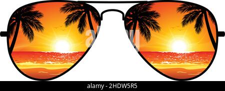 Spiaggia al tramonto si riflette in occhiali da sole Aviator con lenti a specchio vettoriali isolate su sfondo bianco Illustrazione Vettoriale