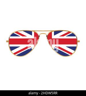 Cool oro cornice Aviator Occhiali da sole con bandiera uk Union jack flag in lenti vettoriali isolate su sfondo bianco Illustrazione Vettoriale