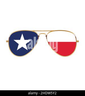 Cool oro cornice Aviator Occhiali da sole con bandiera a stato Texas TX in lenti vettoriali isolate su sfondo bianco Illustrazione Vettoriale