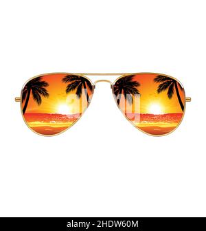 Spiaggia al tramonto si riflette in occhiali da sole Aviator con lenti a specchio e telaio in oro vettore isolato su sfondo bianco Illustrazione Vettoriale