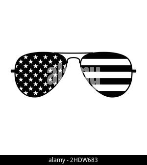 Occhiali da sole semplici Aviator Cool con bandiera USA in lenti monocromatiche nere e bianche isolate su sfondo bianco Illustrazione Vettoriale