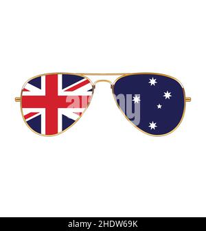 Cool oro cornice Aviator Occhiali da sole con bandiera australiana australiana in lenti vettoriali isolate su sfondo bianco Illustrazione Vettoriale