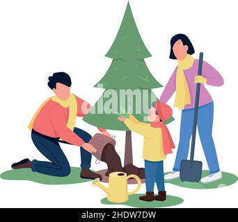 Famiglia piantando pino albero semi piatto colore vettore caratteri Illustrazione Vettoriale