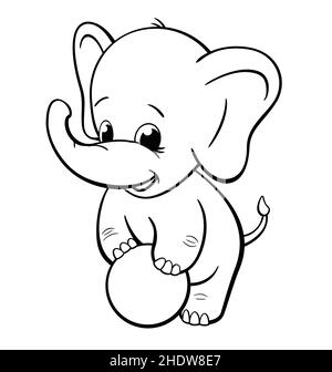 felice sorridente bambino elefante giocare con palla colorare libro vettore linett isolato su sfondo bianco Illustrazione Vettoriale