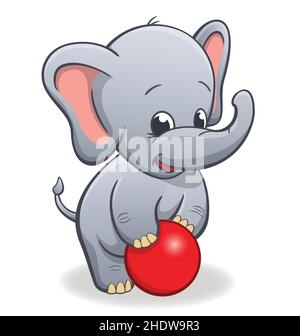 Baby cartoon personaggio elefante infantile giocando con vettore palla rossa isolato su sfondo bianco Illustrazione Vettoriale