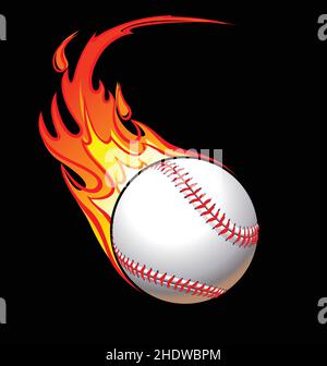 fast flying flaming baseball base logo palla su sfondo nero vettore isolato su sfondo bianco Illustrazione Vettoriale