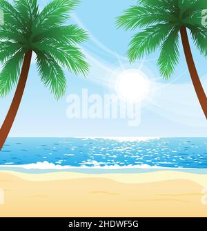 calda spiaggia tropicale giorno di sole con palme in primo piano Illustrazione Vettoriale