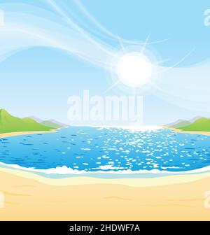 bella giornata di sole sulla baia della spiaggia con acqua blu e sabbia con montagne nel vettore distanza ambiente di sfondo Illustrazione Vettoriale