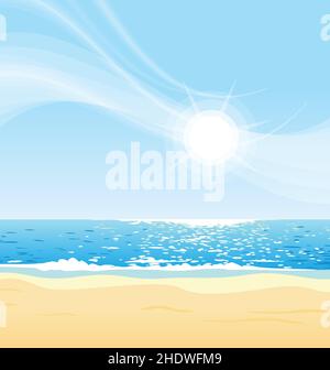 bella giornata di sole sulla spiaggia con acqua blu cielo scialle e sabbia ambiente sfondo vettore Illustrazione Vettoriale