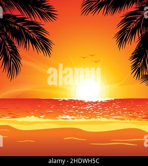 calda bella spiaggia tropicale arancione sera tramonto con palme silhouette in primo piano vettore Illustrazione Vettoriale