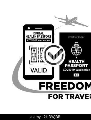 Vaccinazione sanitaria digitale e passaporto cartaceo per il volo. Viaggio di sicurezza dopo la pandemia di Covid-19. Vantaggio della vaccinazione. Vettore su trasparente b Illustrazione Vettoriale