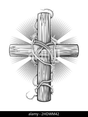 Tatuaggio di Croce di legno disegnata a mano in spine isolate su bianco. Illustrazione vettoriale. Illustrazione Vettoriale