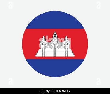 Cambogia Round Country Flag. Circolare Cambogiano Khmer bandiera nazionale. Regno di Cambogia cerchio forma pulsante Banner. Illustrazione del vettore EPS. Illustrazione Vettoriale