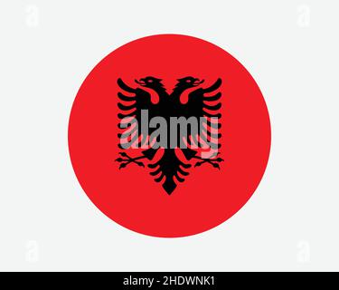 Albania Round Country Flag. Bandiera nazionale albanese circolare. Repubblica di Albania pulsante a forma di cerchio Banner. Illustrazione del vettore EPS. Illustrazione Vettoriale