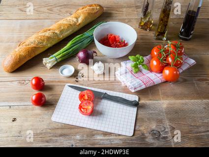 preparazione, ingrediente, antipasto, bruschetta, preparazioni, ingredienti, antipasti, bruschette Foto Stock