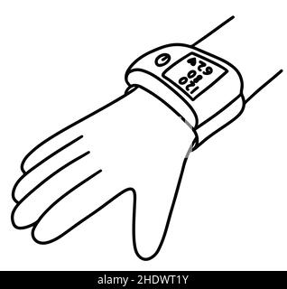 Bracciale per il monitoraggio della pressione sanguigna. Illustrazione della linea nera vettore di icone di doodle disegnate a mano su sfondo bianco Illustrazione Vettoriale