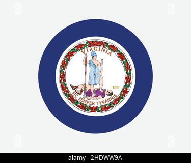 Virginia USA Round state Flag. Va, US Circle Flag. Stato della Virginia, Stati Uniti d'America forma circolare pulsante Banner. Illustrazione del vettore EPS. Illustrazione Vettoriale