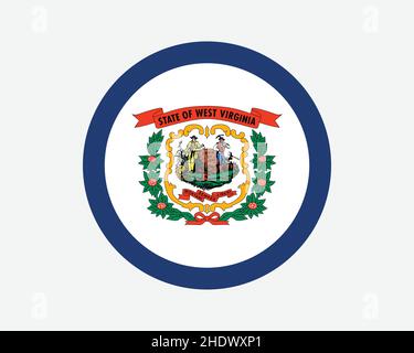 West Virginia USA Round state Flag. WV, US Circle Flag. Stato del West Virginia, Stati Uniti d'America forma circolare pulsante Banner. Immagine vettoriale EPS Illustrazione Vettoriale