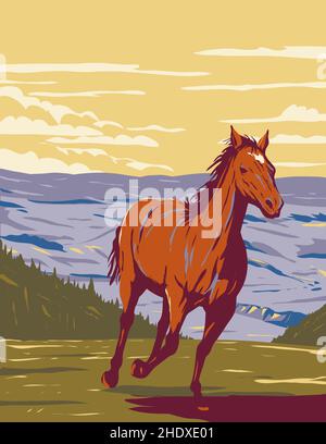 WPA poster arte di galoppare mustang in Pryor Mountain Wild Horse Range in Carbon Big Horn contee del Montana in opere stile di amministrazione progetto. Foto Stock