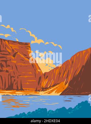 WPA poster arte di Bighorn Canyon National Recreation Area con Bighorn Lake tra Wyoming e Montana USA in opere stile di amministrazione progetto. Foto Stock