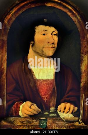 Entrambi i ritratti sono attribuiti al pittore tedesco Joos van Cleve 1487-1541 più tardi nella sua vita andò a lavorare ad Anversa e vi morì intorno al 1541. Belgio, Belgio, Fiammingo (anche la ricerca sugli stemmi riportati negli elenchi non ha fornito alcuna chiarezza). Dai vestiti ricchi e dai monili si può dedurre che questi sono gente ricca. ) Di Joos van Cleve (anche Joos van der Beke) Foto Stock